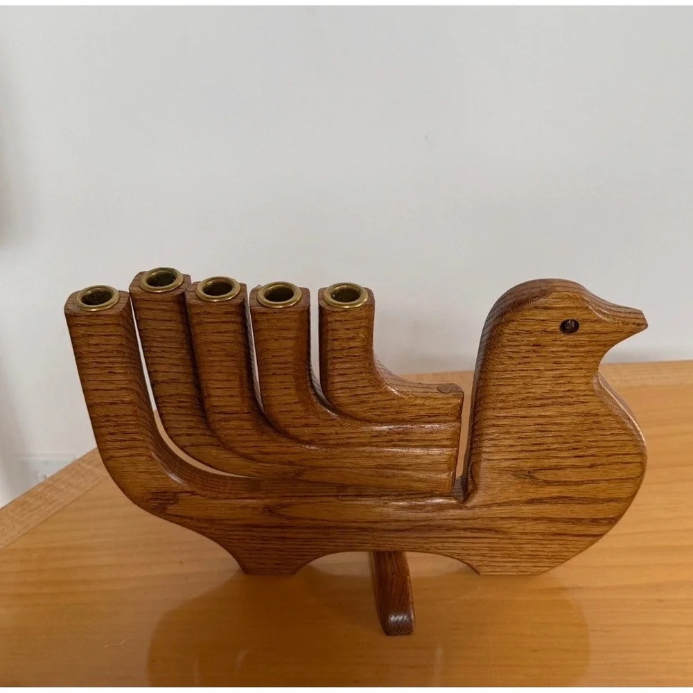 Vintage MCM Wooden Bird Candelabra 5-Light Taper Candle Holder Oak Finish Bird